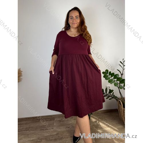 Šaty volnočasové 3/4 dlouhý rukáv dámské nadrozměr (48/50/52 ONE SIZE) ITALSKÁ MÓDA IM426261/DUR  vínová