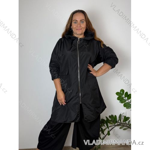 Bunda slabá šusťáková s kapucňou dlhý rukáv dámska nadrozměr (52/54/56 ONE SIZE) TALIANSKA MÓDA IMSM2651978/DUR  čierna
