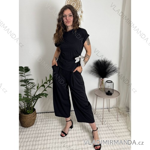 Súprava elegantná blúzka krátky rukáv a nohavice dámske  (S/M/L ONE SIZE) TALIANSKA MÓDA IMC261010/DR čierna S/M/L