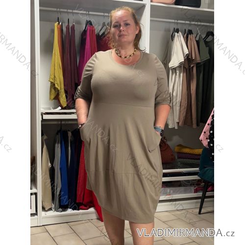 Šaty voľnočasové 3/4 dlhý rukáv dámske nadrozmer (50/52/54 ONE SIZE) TALIANSKA MÓDA IMC26289/DUR 50/52/54 hnědá světlá