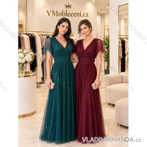 Šaty společenské dlouhé tylové krátký rukáv dámské (L/XL ONE SIZE) ITALSKÁ MÓDA IMWMY26010/DU L / XL modrá petrolejová