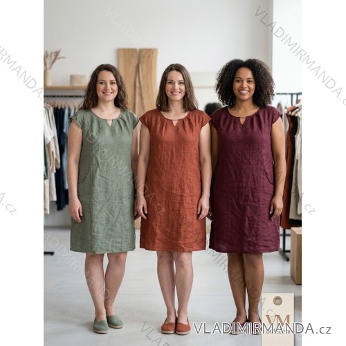 Šaty lněné letné krátky rukáv dámske nadrozmer  (44/46/48 ONE SIZE) TALIANSKA MÓDA IMSMFA2620365/DR červená tehlová 44/46/48