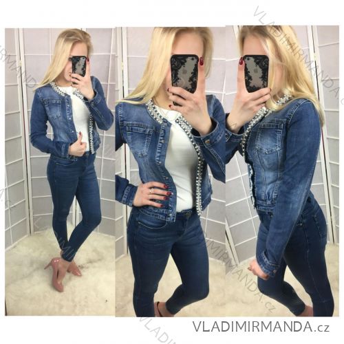Bunda dlhý rukáv rifľová s perličkami dámska (xs-xl) LEX18031
