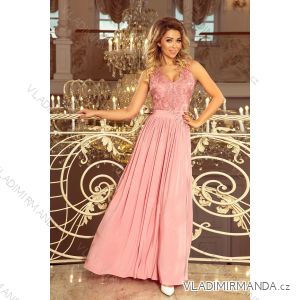 215-3 LEA dlhé šaty bez rukávov s vyšívaným štiepením - ružové
 NMC-215-3