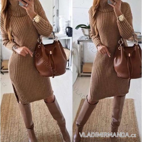 Šaty pletené teplé dlhý rukáv dámske (UNI S / L) TALIANSKÁ MÓDA IMWL20013 S / L one size Béžová svetlá