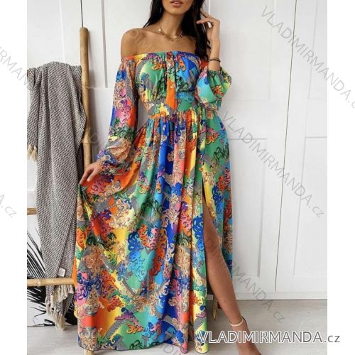 Šaty dlouhé carmen elegantní saténové dlouhý rukáv dámské (S/M ONE SIZE) ITALSKÁ MÓDA IMWK21338