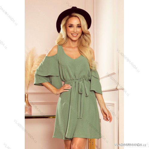 Krehké šaty 292-6 MARINA s výstrihom - olivovej farby