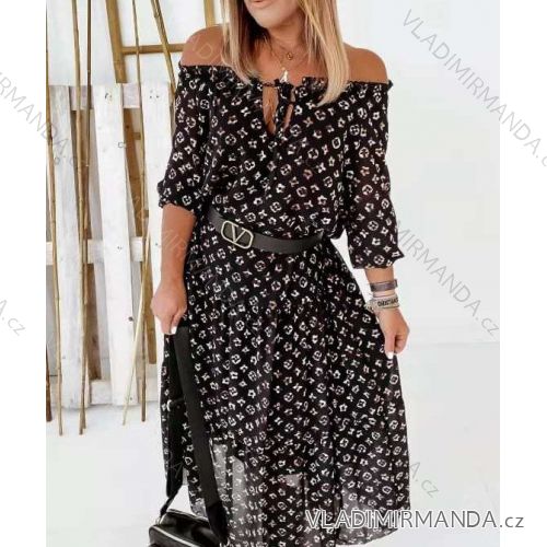 Šaty letné dlhé šifónové carmen dlhý rukáv dámske leopard (S / M ONE SIZE) TALIANSKÁ MÓDA IMWY21758