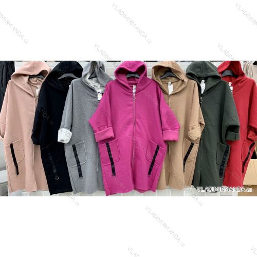 Mikina predĺžená / kabát s kapucňou na zips dlhý rukáv dámske (L / XL ONE SIZE) TALIANSKÁ MÓDA IMWT21257