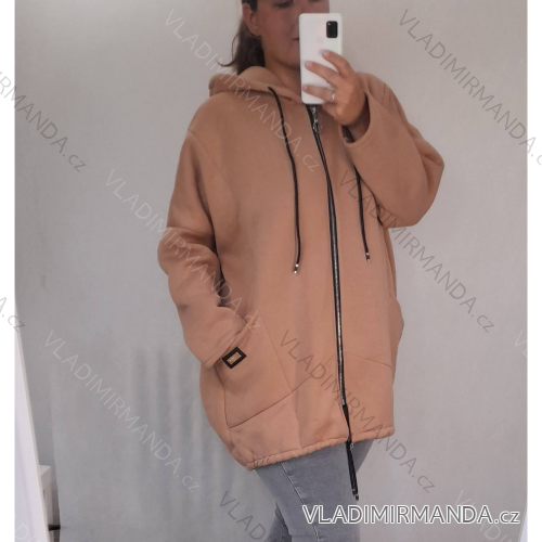Mikina predĺžená s kapucňou na zips dlhý rukáv dámske (L / XL ONE SIZE) TALIANSKÁ MÓDA IMWT21270/DR L/XL one size světle hnědá