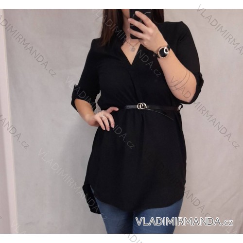 Šaty elegantný s pásikom douhý rukáv (L/XL ONE SIZE) TALIANSKÁ MÓDA IMM21u3297 čierna L/XL one size