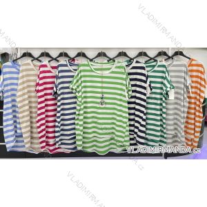 Tričko s príveskom bavlnené oversize krátky rukáv dámske nadrozmer prúžok (L/XL/2XL ONE SIZE) TALIANSKA MÓDA IMWD221557