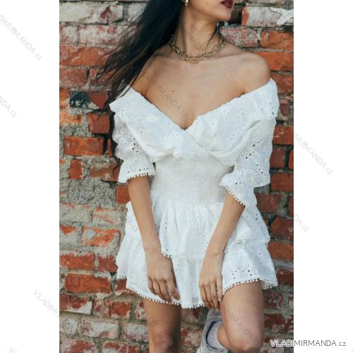 Šaty letné čipkované carmen cez ramená žabičkované bavlnené dámske (S/M ONE SIZE) TALIANSKA MÓDA IMM22H1755-X12