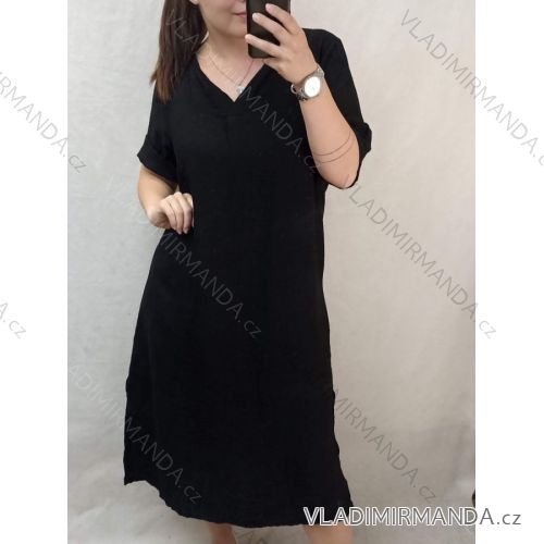 Šaty letné krátky rukáv ľanové dámske nadrozmer (L/XL/2XL ONE SIZE) TALIANSKA MÓDA IMC22444/DRsv. modrá