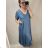 Šaty maxi letné dlhé krátky rukáv dámske (3XL / 4XL ONE SIZE) TALIANSKÁ MÓDA IMS21024 / DR stř. modrá
