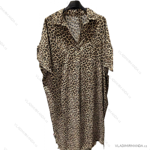 Šaty maxi košeľovej letnej oversize krátky rukáv dámske leopard (S/M ONE SIZE) TALIANSKA MÓDA IMM22920