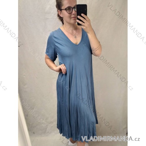 Šaty maxi letné dlhé krátky rukáv dámske (3XL / 4XL ONE SIZE) TALIANSKÁ MÓDA IMS21024 / DR stř. modrá
