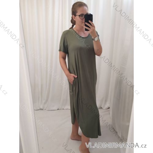 Šaty dlhé maxi letné voľnočasové krátky rukáv dámske viskoza (L/XL/2XL/3XL ONE SIZE) TALIANSKA MÓDA IMD22382/DURkhaki
