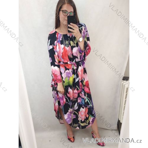 Šaty dlhé dlhý rukáv dámske nadrozměr (2XL / 3XL ONE SIZE) TALIANSKÁ MÓDA SAFEELIZ21130-1/DR 2XL/3XL kvietok