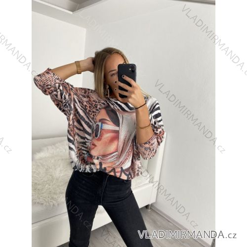Sveter oversize dlouhý rukáv tenký s potlačou dámsky (M/L ONE SIZE) TALIANSKA MóDA IMB22RENA