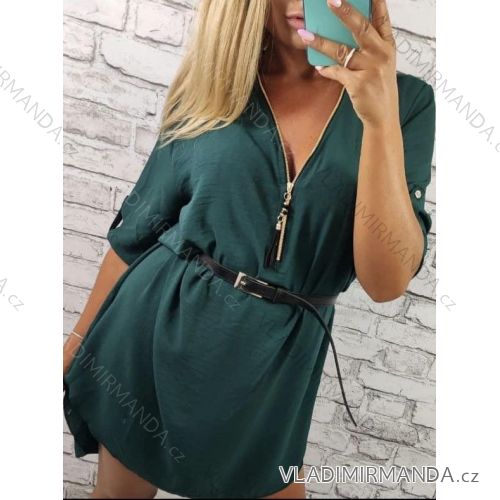 Šaty/tunika so zipsom a opaskom dlhý rukáv dámske nadrozmer (S/M/L ONE SIZE) TALIANSKA MóDA IMD22886