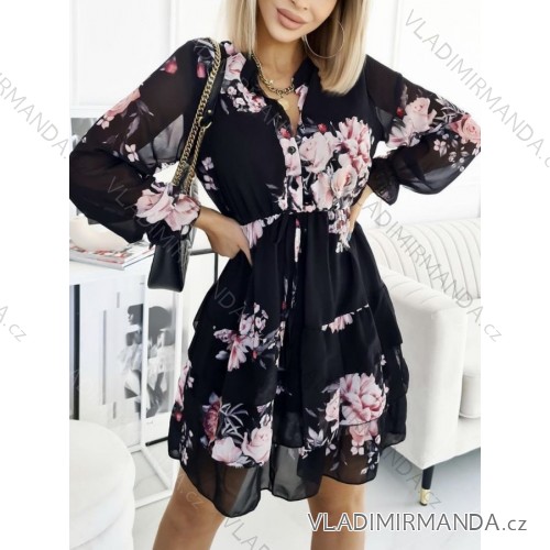 Šaty šifonové elegantné košeľové dlhý rukáv dámske (S / M ONE SIZE) TALIANSKÁ MÓDA IMWG22637A čierna S/M