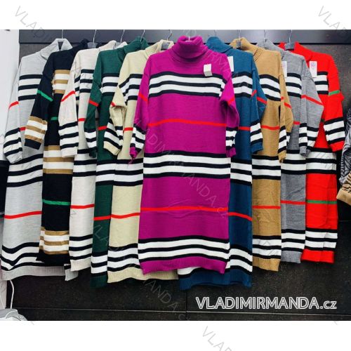 Šaty dlouhé pletené oversize s rolákem dlouhý rukáv dámské proužek (S/M/L ONE SIZE) ITALSKÁ MÓDA IMWA223765