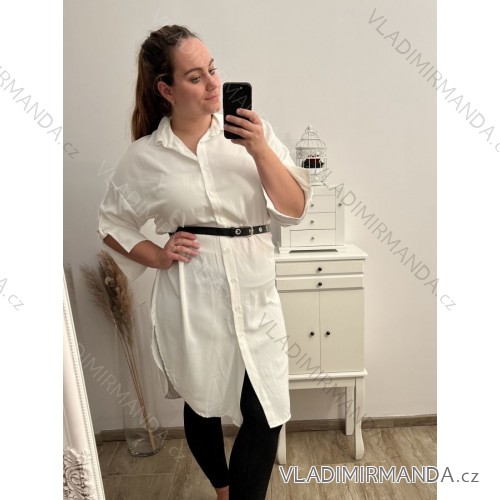 Košeľa predĺžená/šaty košeľové s opaskom dlhý rukáv dámske nadrozmer (XL/2XL ONE SIZE) TALIANSKA MÓDA IMPBB222713DS/DR XL/2XL biela