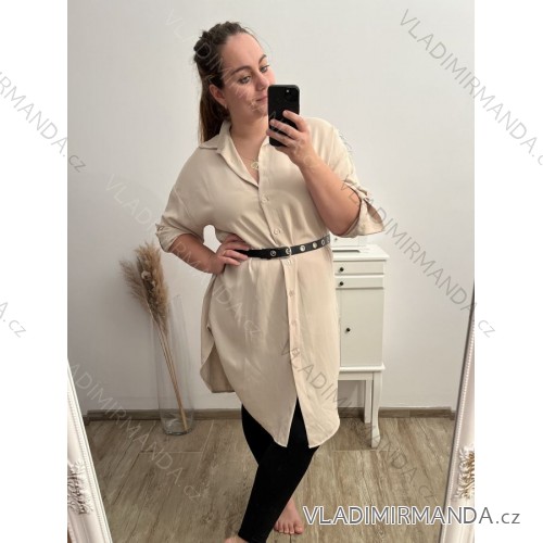 Košeľa predĺžená/šaty košeľové s opaskom dlhý rukáv dámske nadrozmer (XL/2XL ONE SIZE) TALIANSKA MÓDA IMPBB222713DS/DR XL/2XL béžová