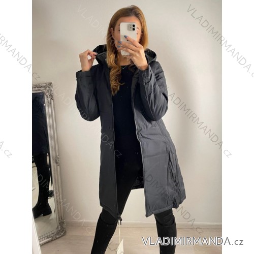 Kabát oboustranný s kapucňou dlhý rukáv dámske (S-2XL) TALIANSKA MÓDA IMPSS22D2-3873/DR čierna S