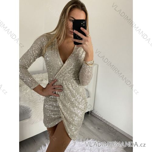 Šaty elegantné spoločenské trblietavé flitrové dlhý rukáv dámske (S/M ONE SIZE) TALIANSKA MÓDA IMM228558/DU