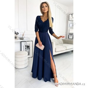 309-6 AMBER elegantné čipkované dlhé šaty s výstrihom - námornícka modrá