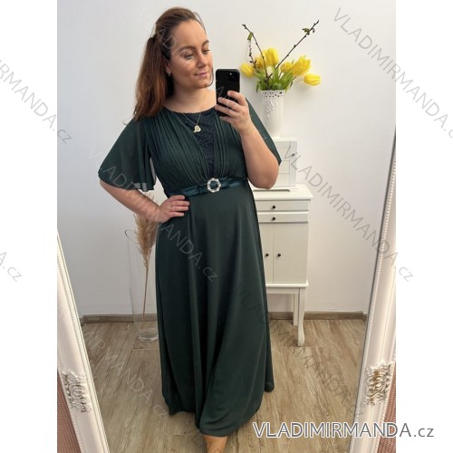 Šaty spoločenské elegantné plesové krátky rukáv dámske nadrozmer (XL/2XL ONE SIZE) TALIANSKA MÓDA IMM239016ZO/DU XL/2XL smaragdová