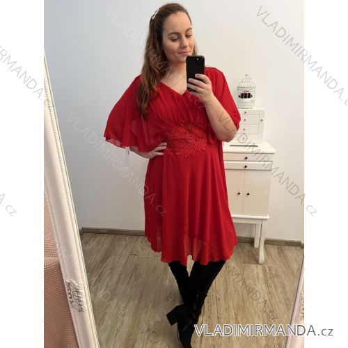 Šaty spoločenské elegantný krátky rukáv dámske nadrozmer (XL/2XL ONE SIZE) TALIANSKA MÓDA IMPSH2218025/DR/DU červená