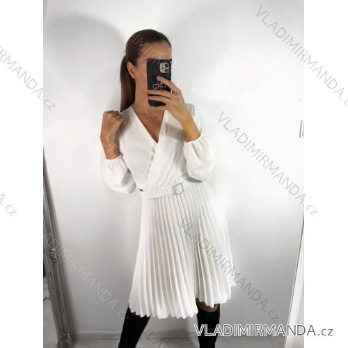 Šaty skladané s opaskom dlhý rukáv dámske (S/M ONE SIZE) TALIANSKA MÓDA IMWGZ23105/DU S/M biela