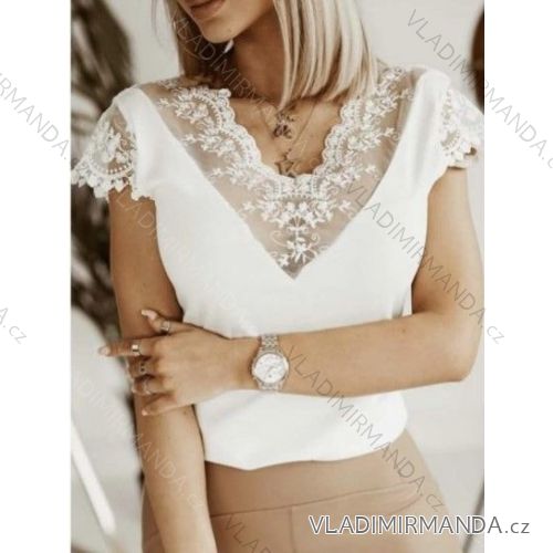 Tričko elegantné s čipkou krátky rukáv dámske (S/M ONE SIZE) TALIANSKA MÓDA IMWB23091