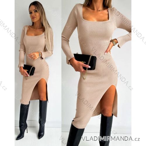 Šaty midi rebrované dlhý rukáv dámske (S/M ONE SIZE) TALIANSKA MÓDA IMWY23087