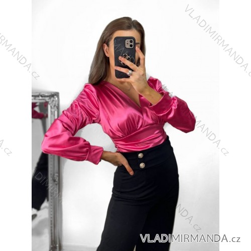 Body alá blúzka elegantný saténové dlhý rukáv dámske (S/M ONE SIZE) TALIANSKA MÓDA IMM2333030/DU S/M ružová