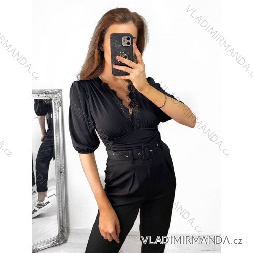 Top s krajkou krátký rukáv dámský (S/M ONE SIZE) ITALSKÁ MÓDA IMM2327419/DU S/M čierna