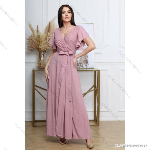 Šaty dlhé třyptivé spoločenské krátky rukáv dámske (36-54) POLSKÁ MÓDA PMLMR23ALICE-2 ružová 36