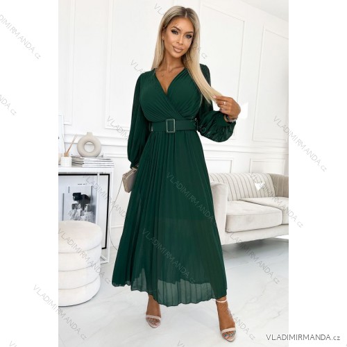 414-1 KLARA riasené šaty s opaskom a výstrihom - fľaškovo zelená