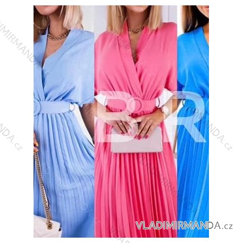 Šaty letné skladané s opaskom elegantný krátky rukáv dámske (S/M ONE SIZE) TALIANSKA MÓDA IMWGB231215